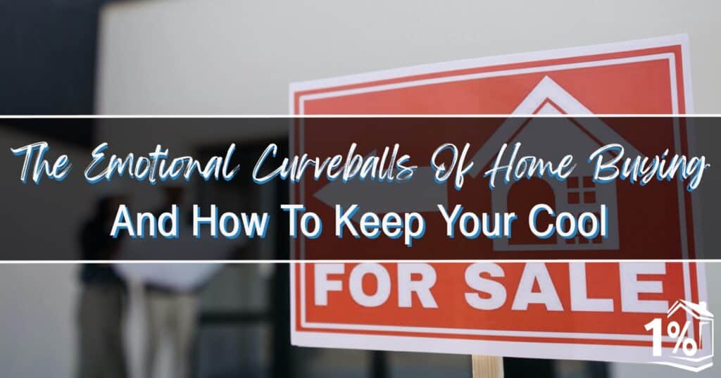 A for sale sign indicating a home available for purchase with two individuals out of focus in the background looking at the home