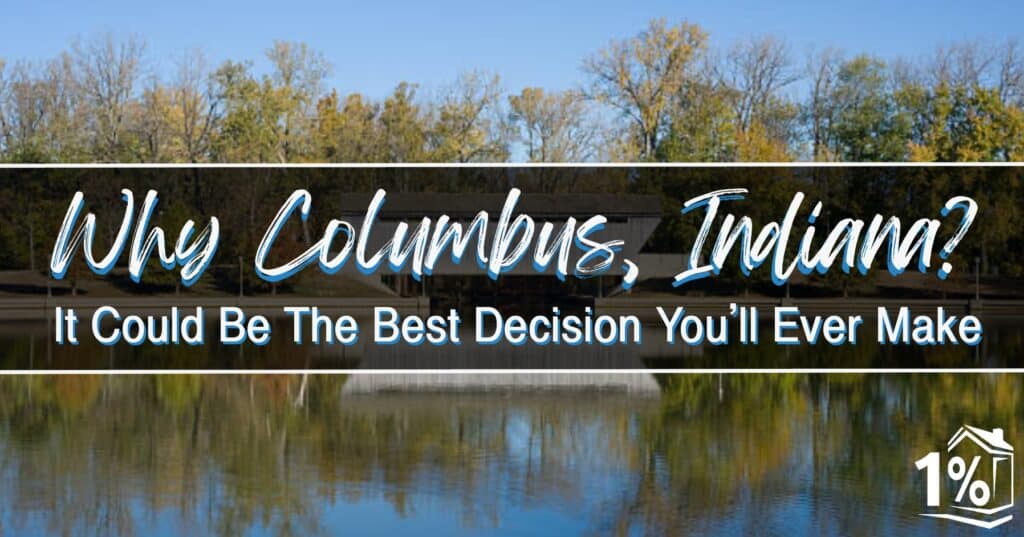 Blog title over a still shot featuring the covered bridge located at Millrace Park in Columbus, Indiana
