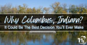 Blog title over a still shot featuring the covered bridge located at Millrace Park in Columbus, Indiana